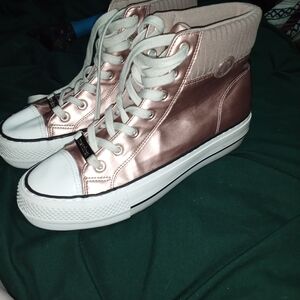 High-Top Platform Sneakers in Metallic Rose